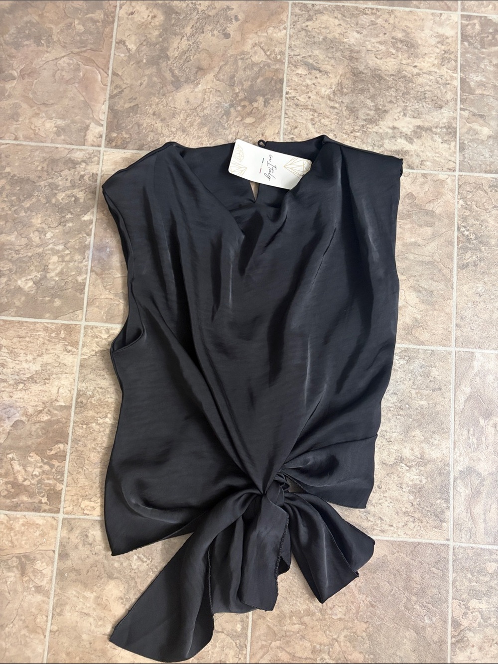 Sleeveless Black Satin Tie-Hem Blouse